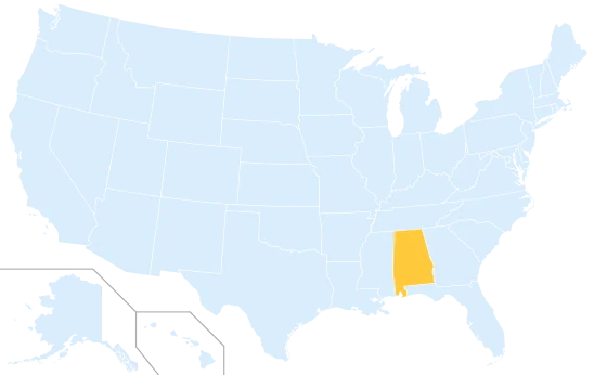 Alabama highlighted on a map of the United States