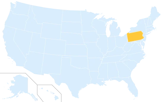 Pennsylvania highlighted on a map of the United States