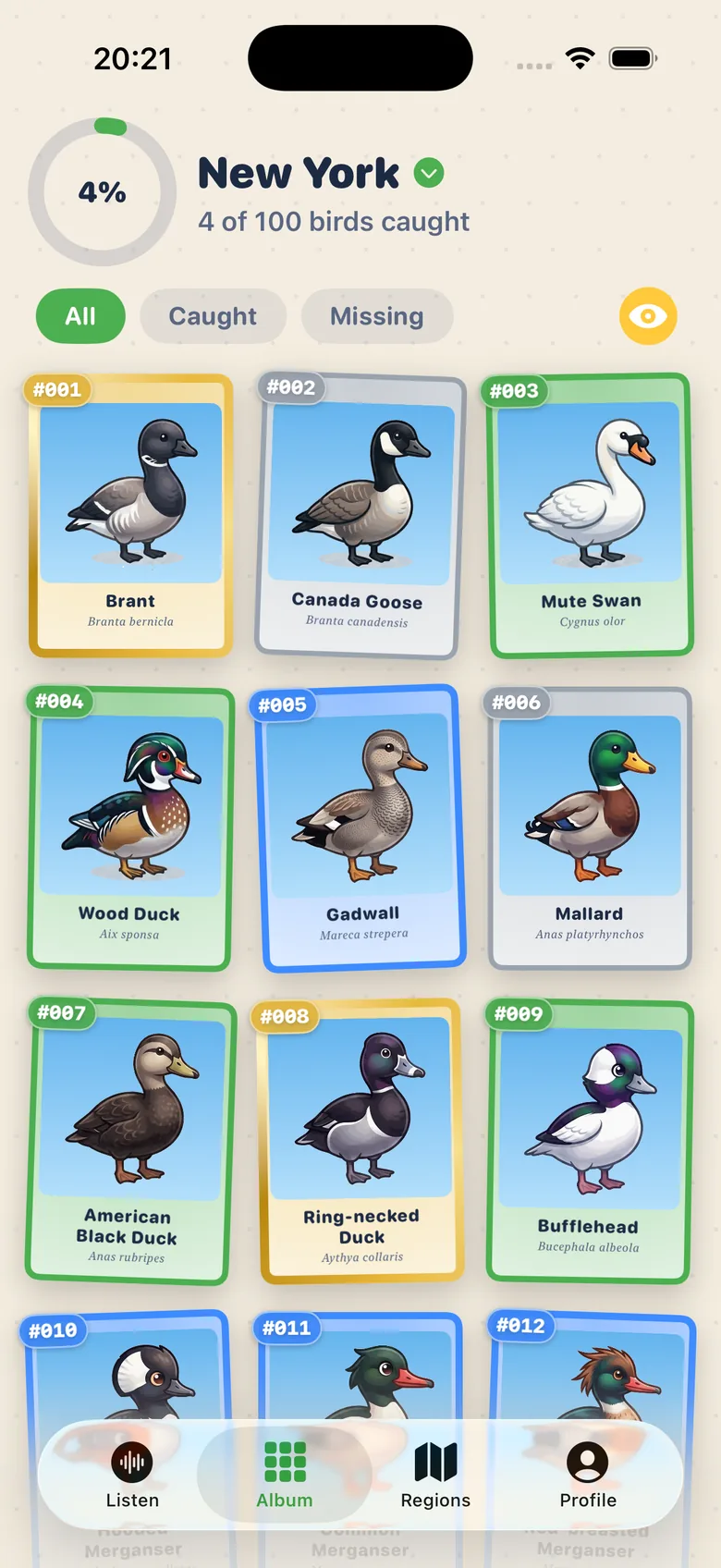 A state album with caught cards and mystery cards
