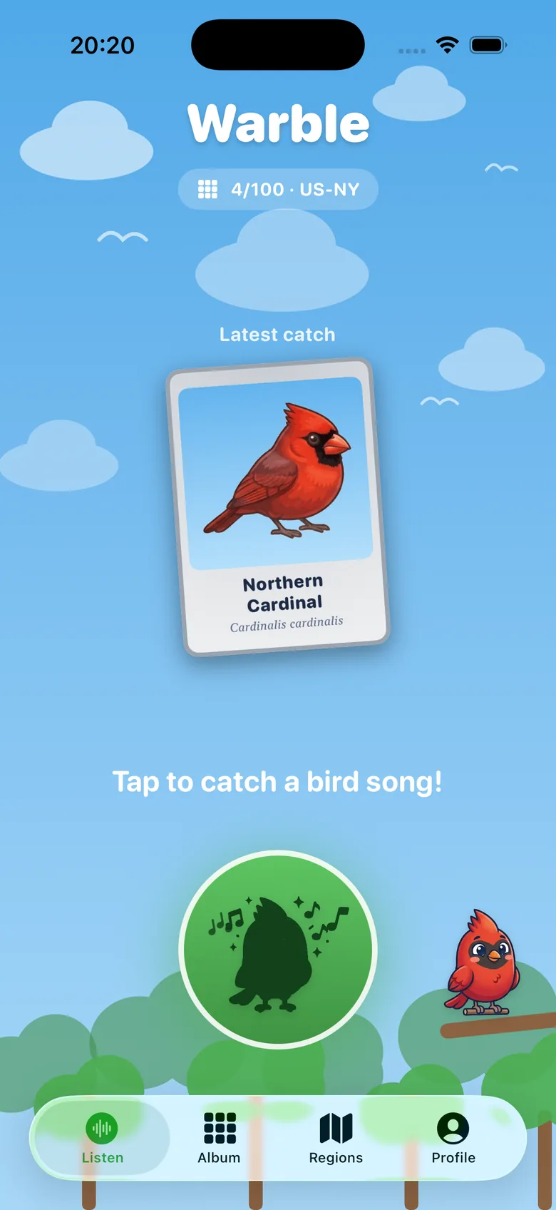 The Listen screen with the big green button